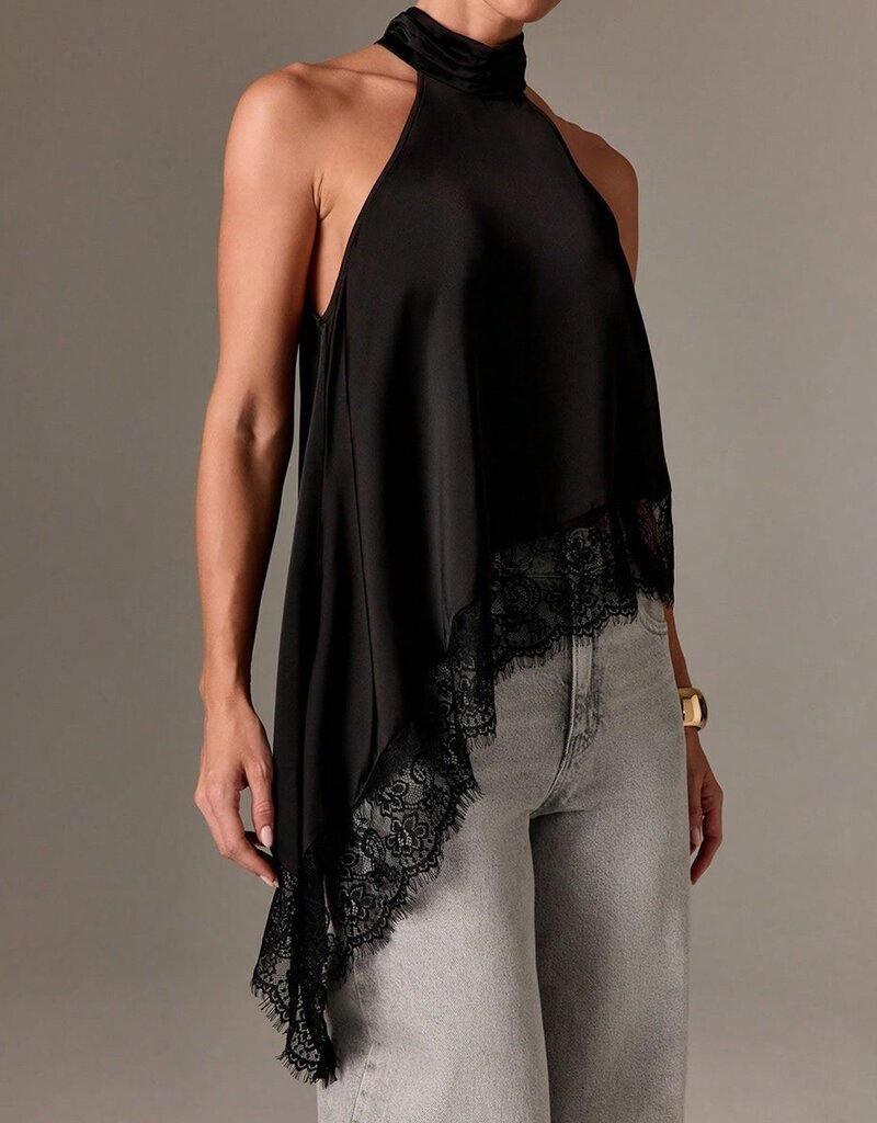 Daley Satin Asymmetrical Lace Trim Halter Top