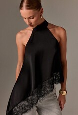 Daley Satin Asymmetrical Lace Trim Halter Top