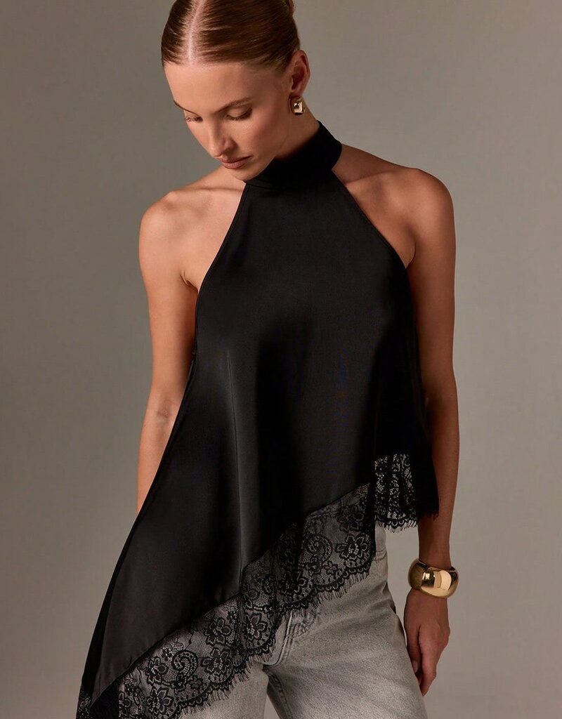 Daley Satin Asymmetrical Lace Trim Halter Top