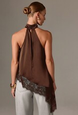 Daley Satin Asymmetrical Lace Trim Halter Top
