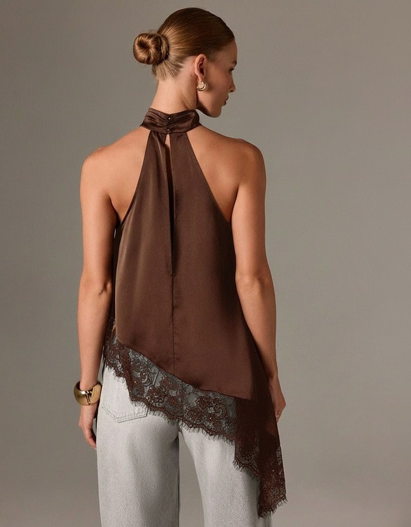 Daley Satin Asymmetrical Lace Trim Halter Top