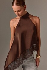 Daley Satin Asymmetrical Lace Trim Halter Top