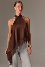 Daley Satin Asymmetrical Lace Trim Halter Top