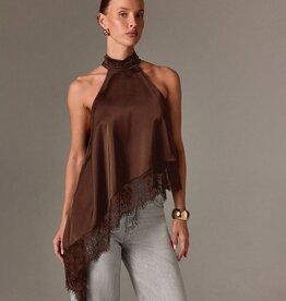 Daley Satin Asymmetrical Lace Trim Halter Top