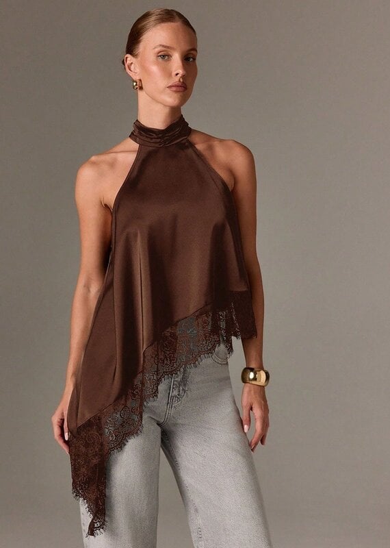 Daley Satin Asymmetrical Lace Trim Halter Top