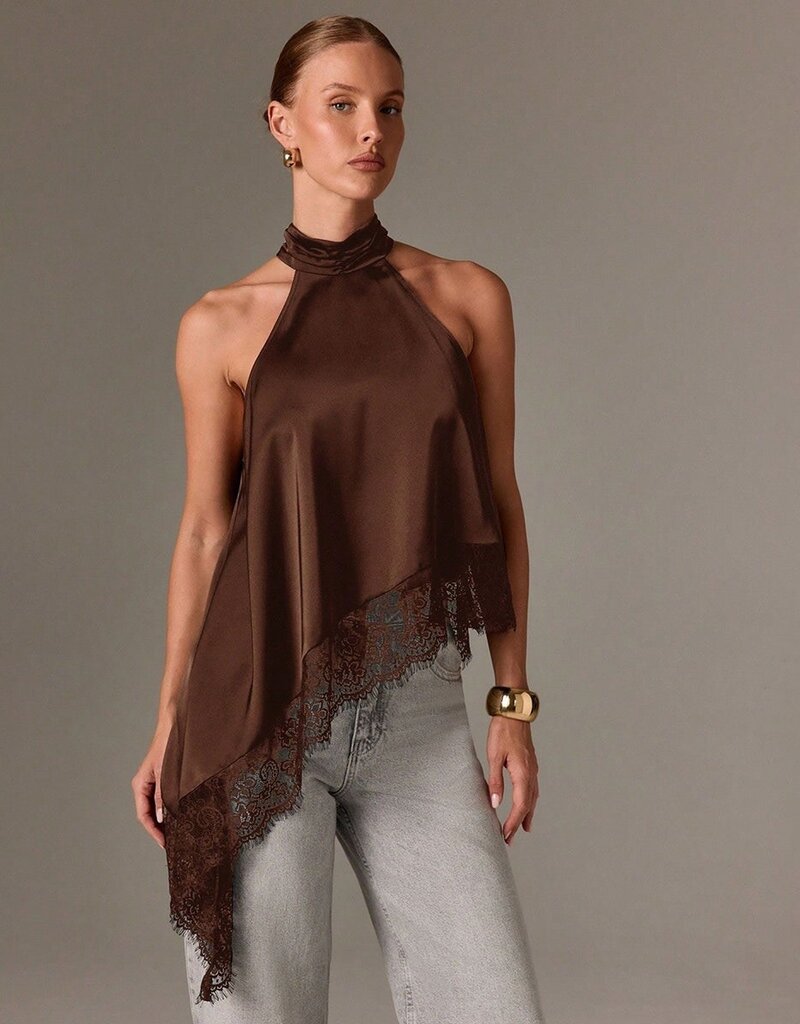 Daley Satin Asymmetrical Lace Trim Halter Top