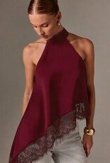 Daley Satin Asymmetrical Lace Trim Halter Top