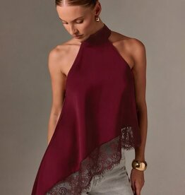 Daley Satin Asymmetrical Lace Trim Halter Top