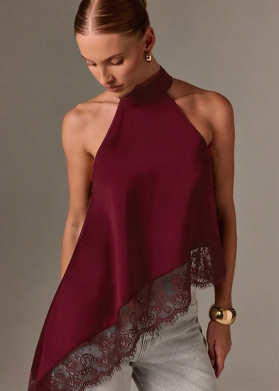 Daley Satin Asymmetrical Lace Trim Halter Top