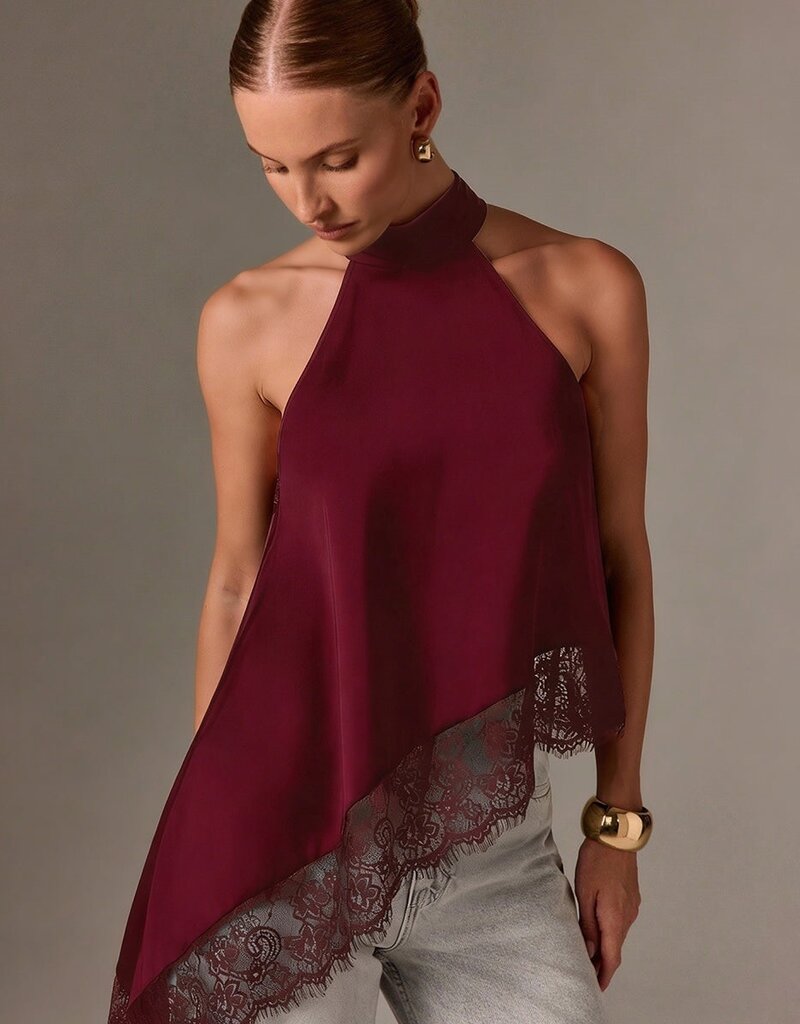 Daley Satin Asymmetrical Lace Trim Halter Top