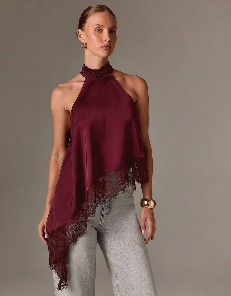 Daley Satin Asymmetrical Lace Trim Halter Top