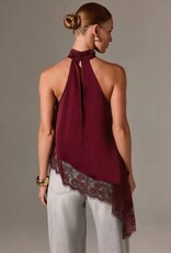 Daley Satin Asymmetrical Lace Trim Halter Top