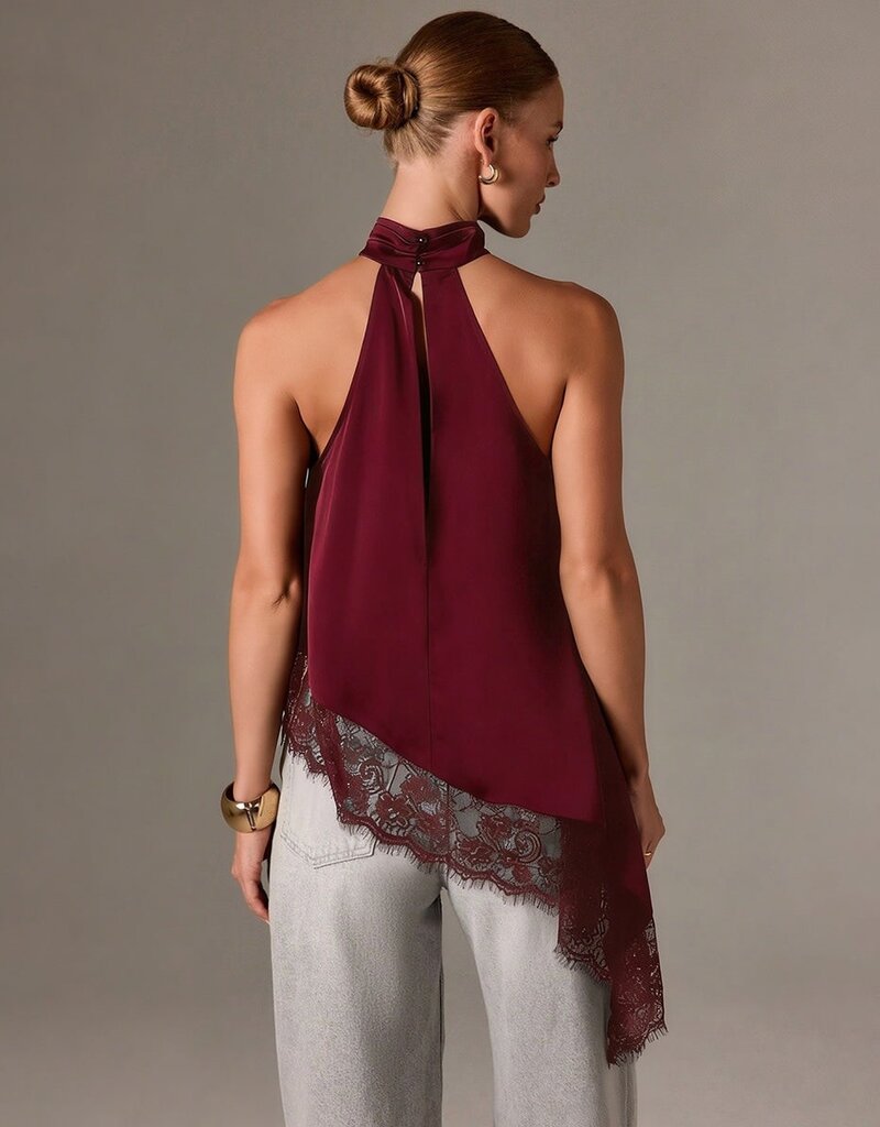 Daley Satin Asymmetrical Lace Trim Halter Top