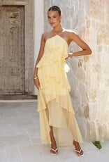 Cascading Ruffle High Low Halter Maxi Dress