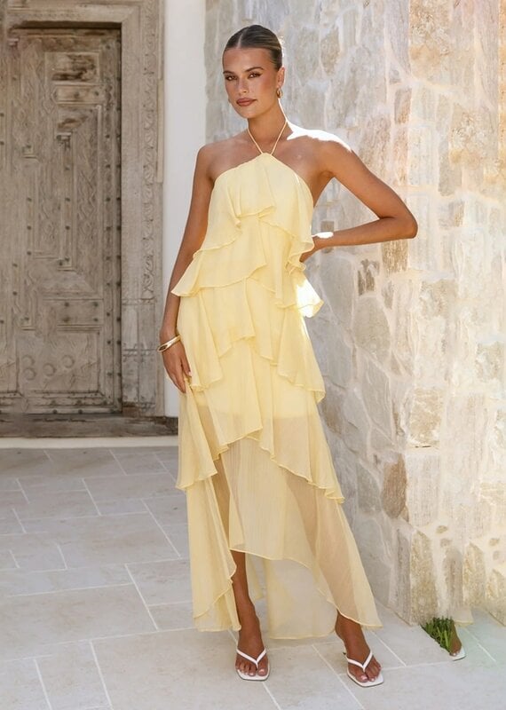 Cascading Ruffle High Low Halter Maxi Dress