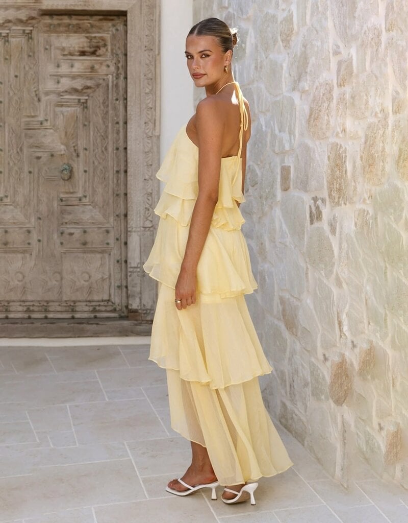 Cascading Ruffle High Low Halter Maxi Dress
