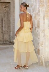 Cascading Ruffle High Low Halter Maxi Dress