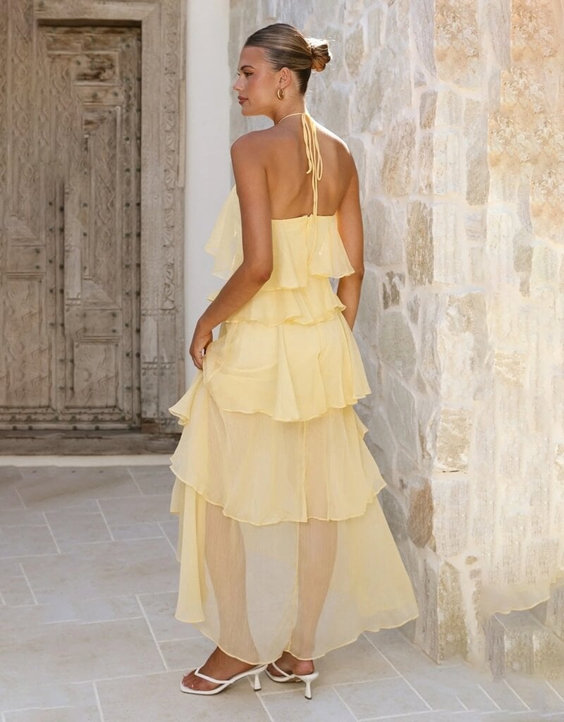 Cascading Ruffle High Low Halter Maxi Dress