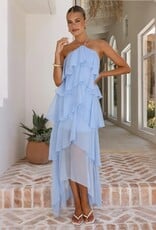 Cascading Ruffle High Low Halter Maxi Dress
