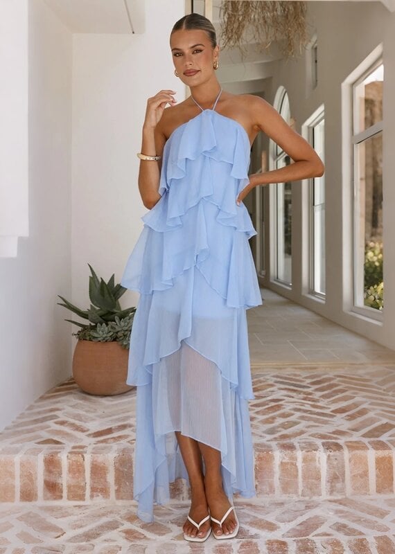 Cascading Ruffle High Low Halter Maxi Dress