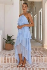 Cascading Ruffle High Low Halter Maxi Dress