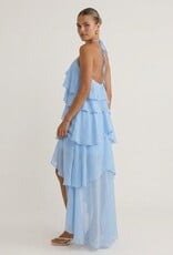Cascading Ruffle High Low Halter Maxi Dress