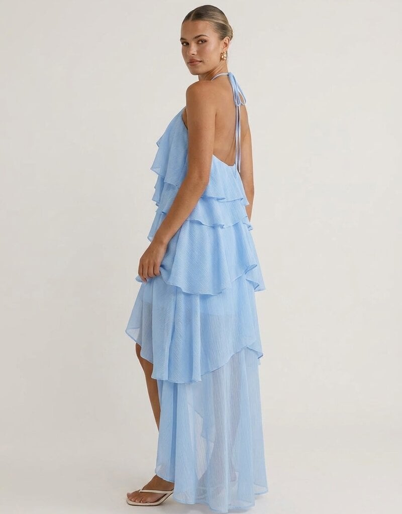 Cascading Ruffle High Low Halter Maxi Dress