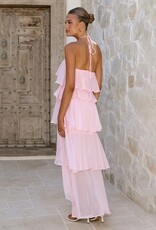 Cascading Ruffle High Low Halter Maxi Dress