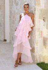 Cascading Ruffle High Low Halter Maxi Dress