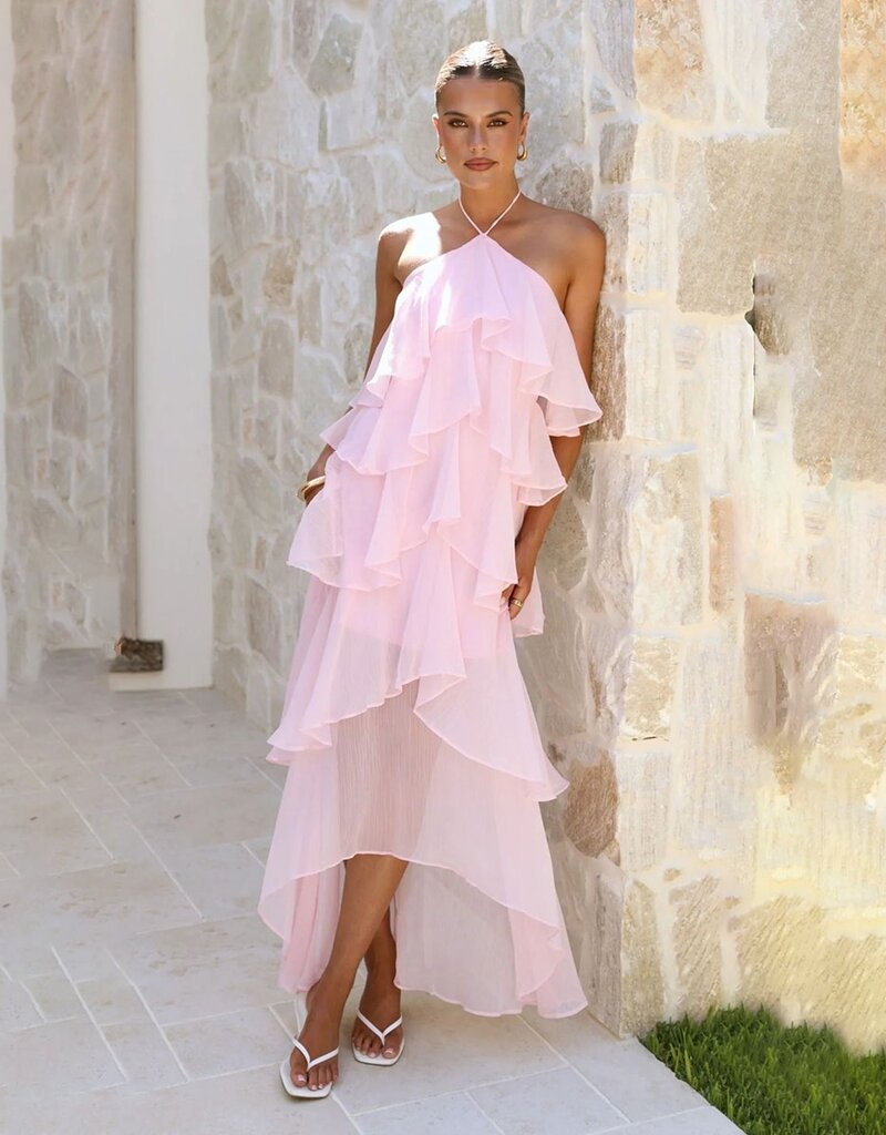 Cascading Ruffle High Low Halter Maxi Dress