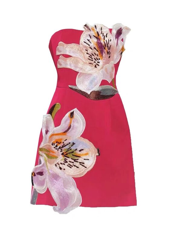 Maisie 3D Floral Embroidered Applique Strapless Mini Dress