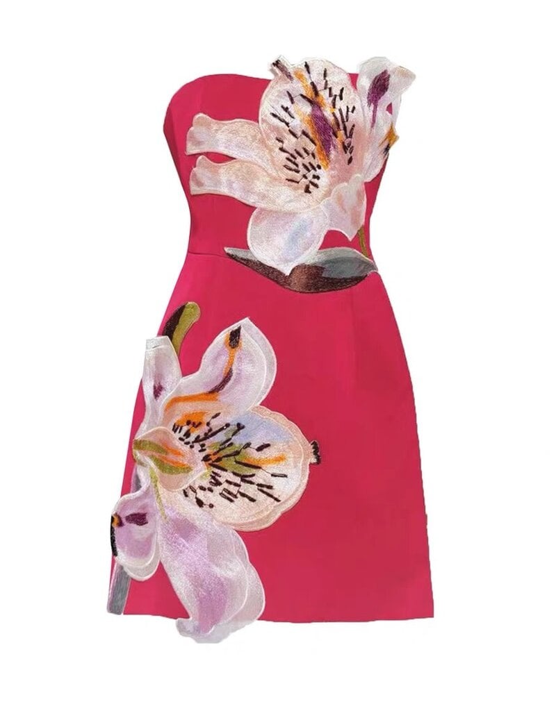 Maisie 3D Floral Embroidered Applique Strapless Mini Dress