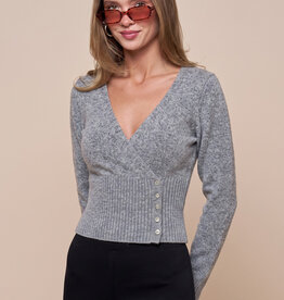 Long Sleeve Fitted Waist Button Surplice Sweater