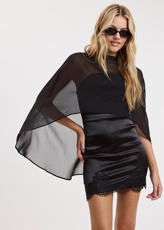 Thea Satin Strapless Mini Dress With Sheer Cape