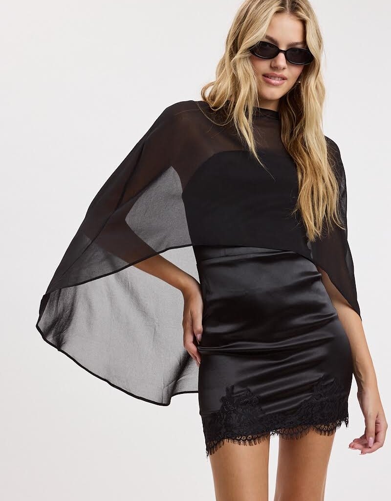 Thea Satin Strapless Mini Dress With Sheer Cape