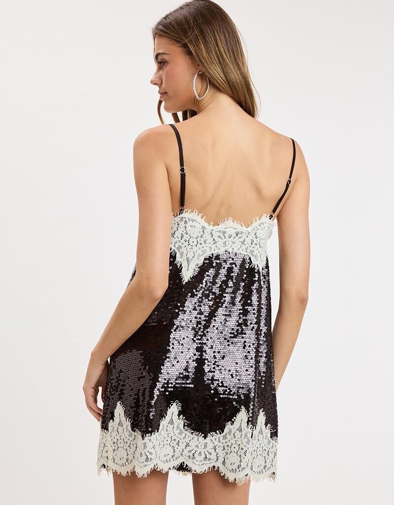 Eliana Sequin Lace Trim Cami Strap Mini Dress