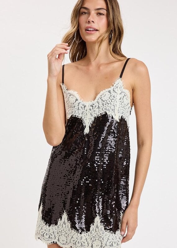 Eliana Sequin Lace Trim Cami Strap Mini Dress