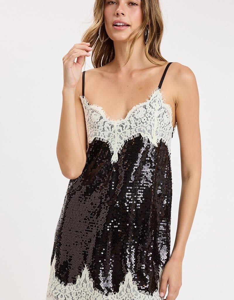 Eliana Sequin Lace Trim Cami Strap Mini Dress