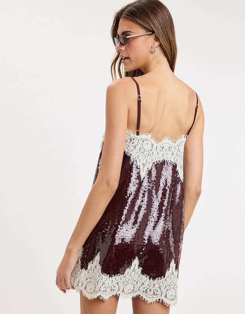 Eliana Sequin Lace Trim Cami Strap Mini Dress