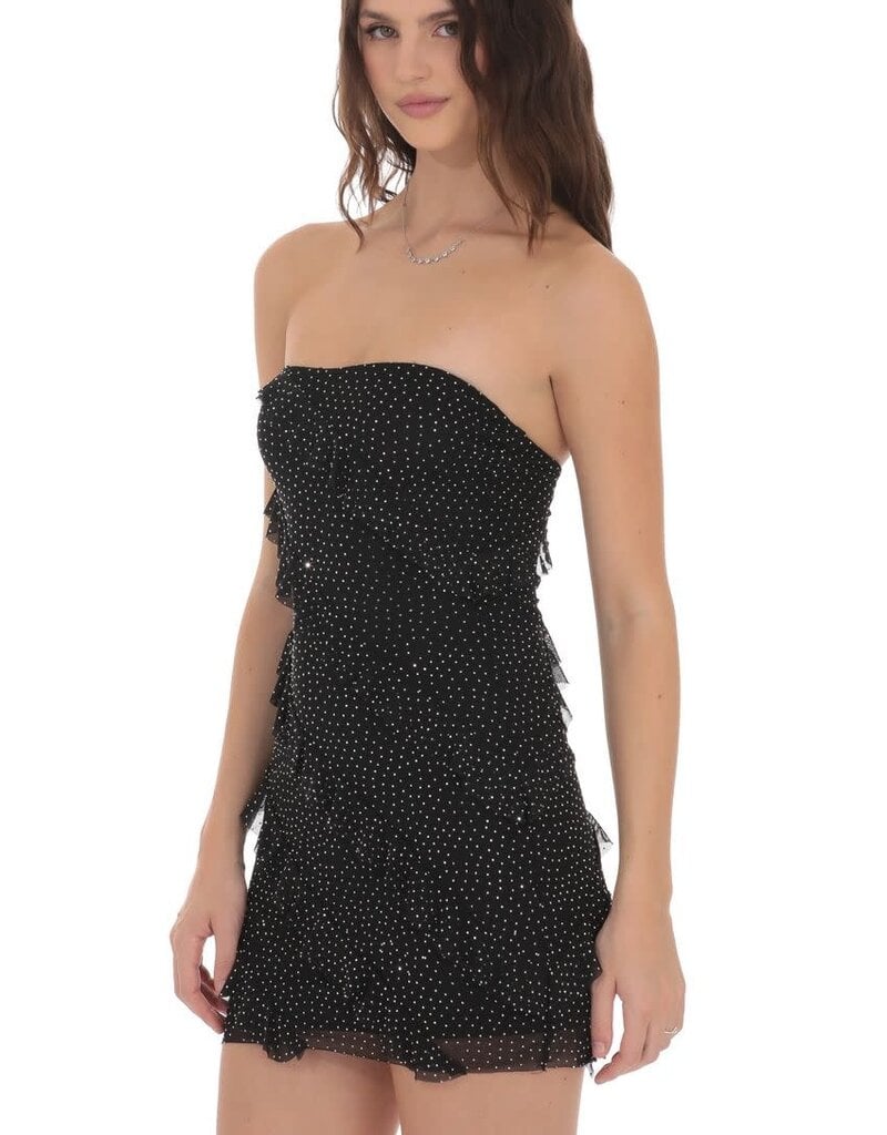 Lucy In The Sky Mesh Rhinestone Strapless Ruffle Mini Dress