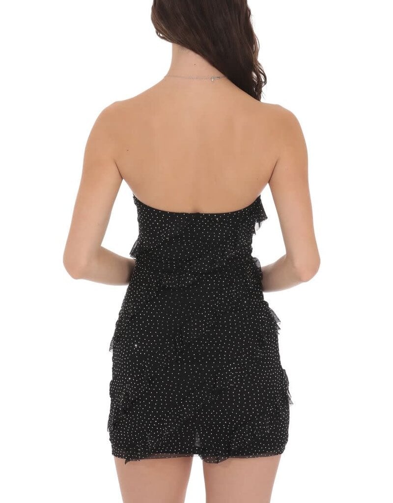 Lucy In The Sky Mesh Rhinestone Strapless Ruffle Mini Dress