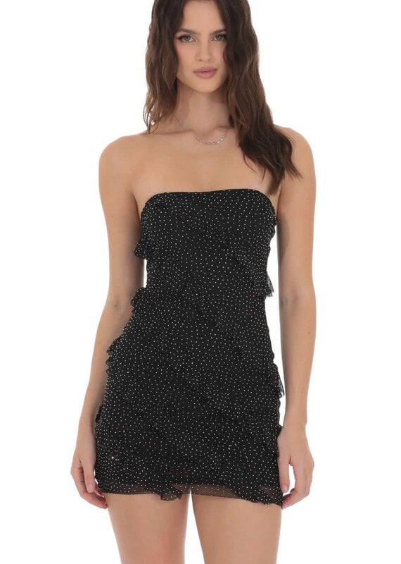 Lucy In The Sky Mesh Rhinestone Strapless Ruffle Mini Dress
