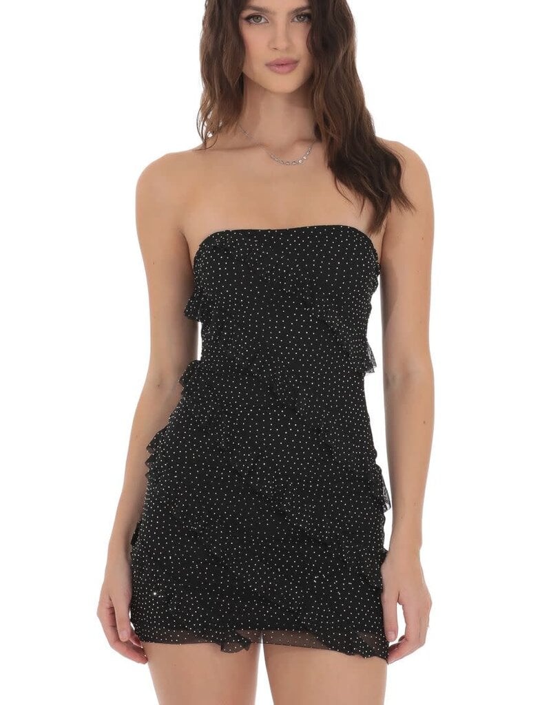 Lucy In The Sky Mesh Rhinestone Strapless Ruffle Mini Dress