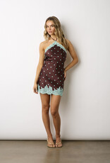 Maya Satin Polka Dot Lace Trim Halter Mini Dress
