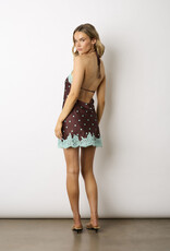 Maya Satin Polka Dot Lace Trim Halter Mini Dress
