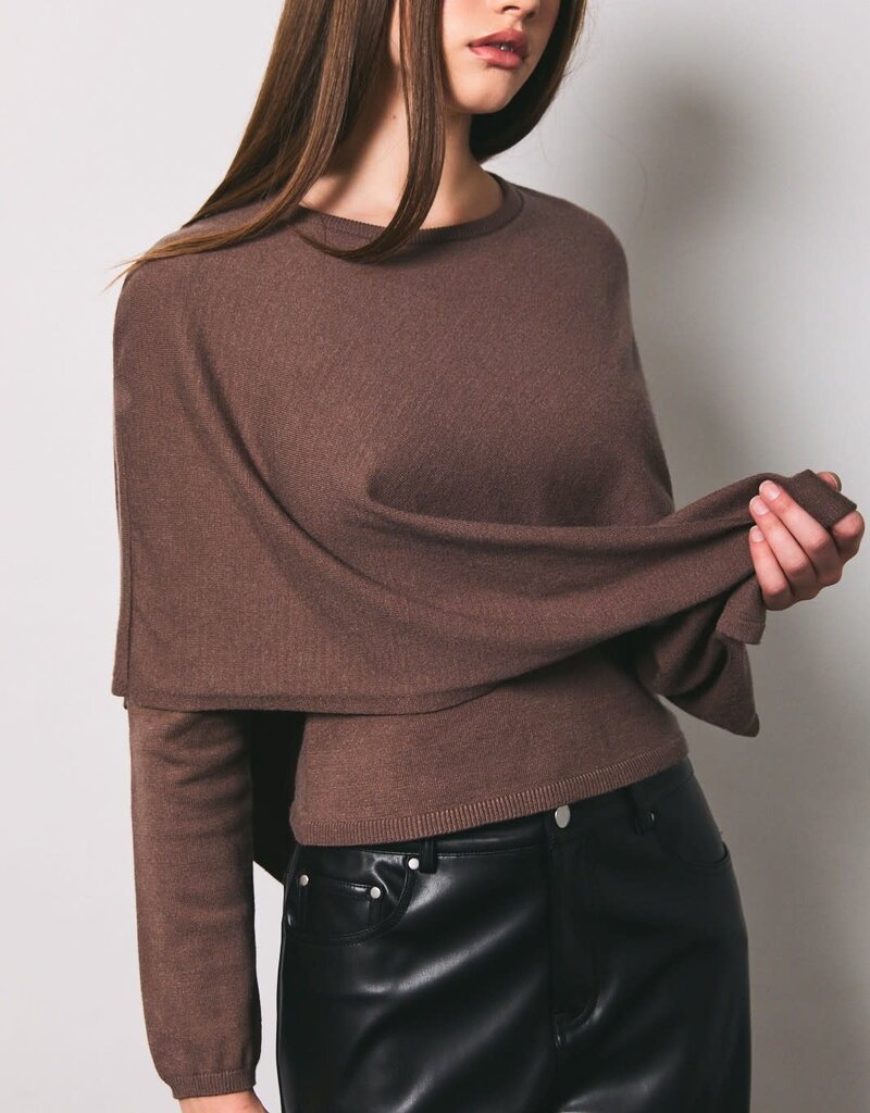 Asymmetrical Cape Overlay Long Sleeve Knit Sweater