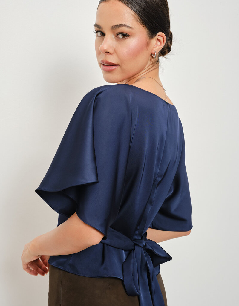 Satin Flutter Sleeve Tie Back Top