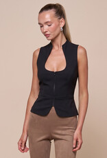 Curved Open Neckline Zip Up Sleeveless Top