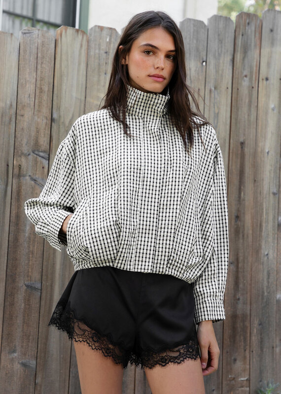 Gingham Zip Up High Neck Bomber Jacket