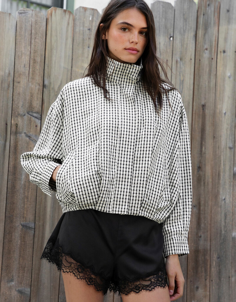 Gingham Zip Up High Neck Bomber Jacket